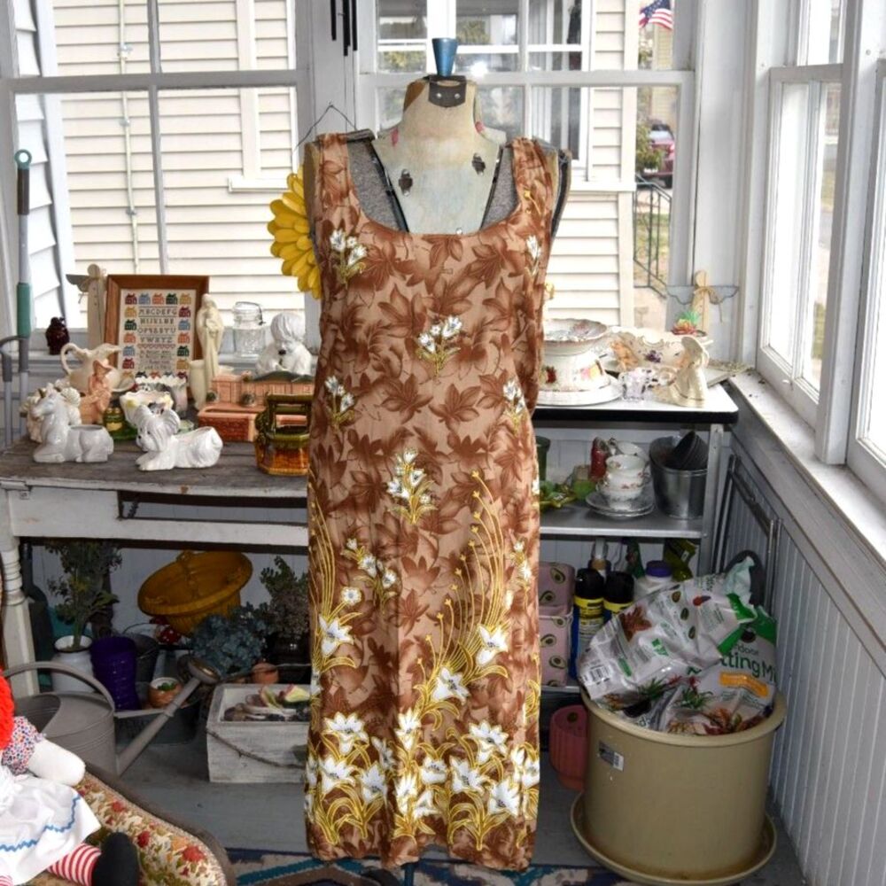 Hawaiian Pace Dress Womens Brown Tropical Floral Rayon Maxi Sleeveless Size L/XL